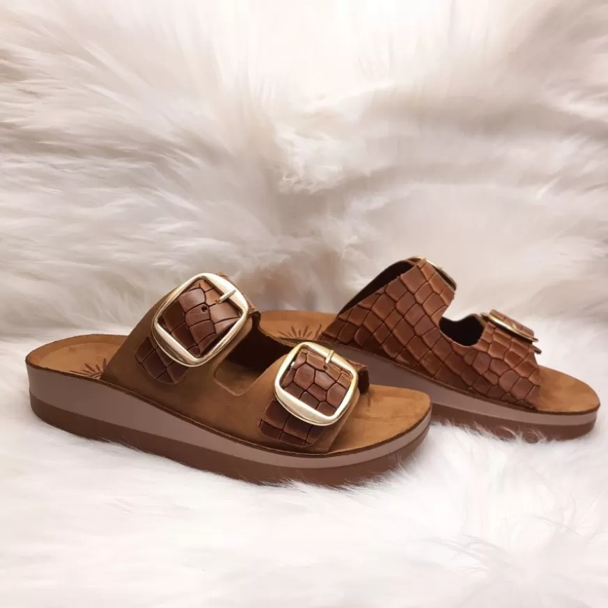 Donna CAMARRI CALZATURE Scarpe Donna | Ciabatta Doppia Fibbia In Pelle Cocco Cognac