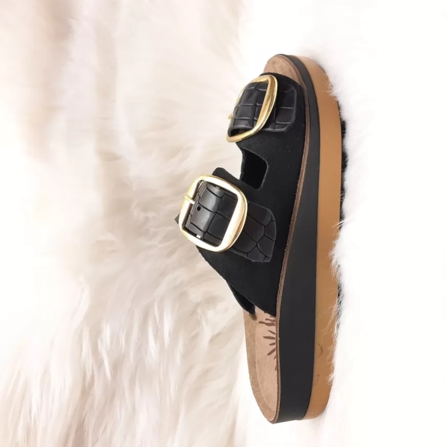 Donna CAMARRI CALZATURE Scarpe Donna | Ciabatta Doppia Fibbia In Pelle Cocco Nera