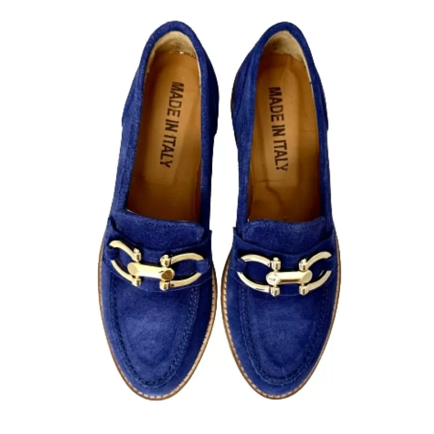 Donna CAMARRI CALZATURE Scarpe Donna | Mocassino Artigianale In Nabuk Blu Con Morsetto
