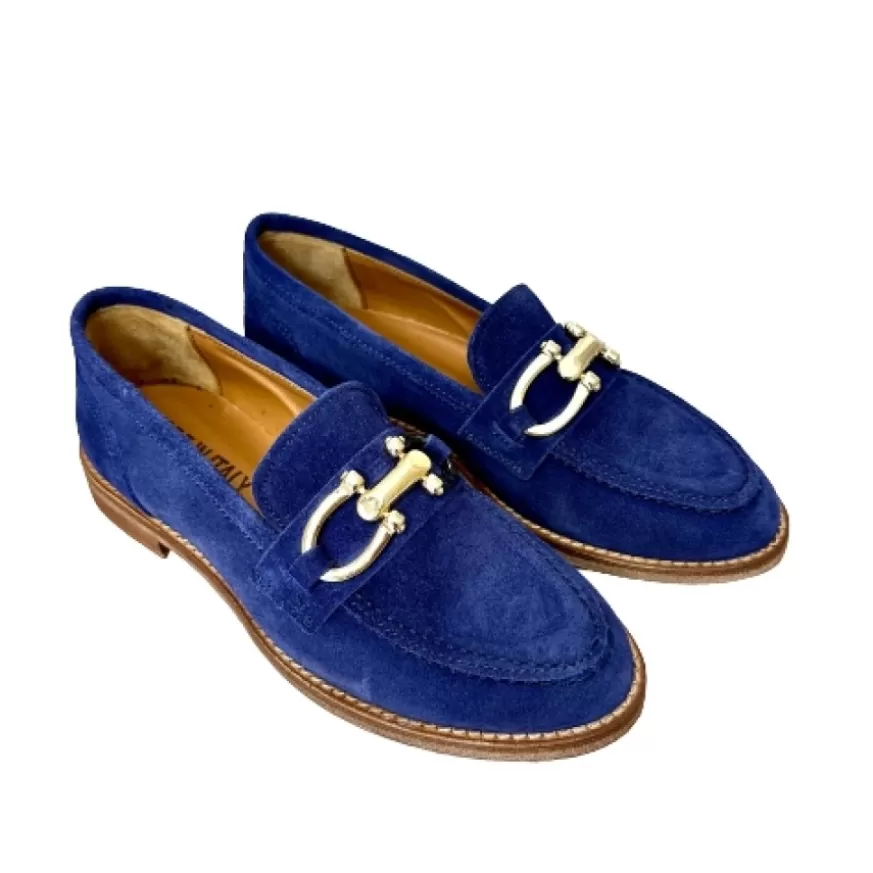 Donna CAMARRI CALZATURE Scarpe Donna | Mocassino Artigianale In Nabuk Blu Con Morsetto