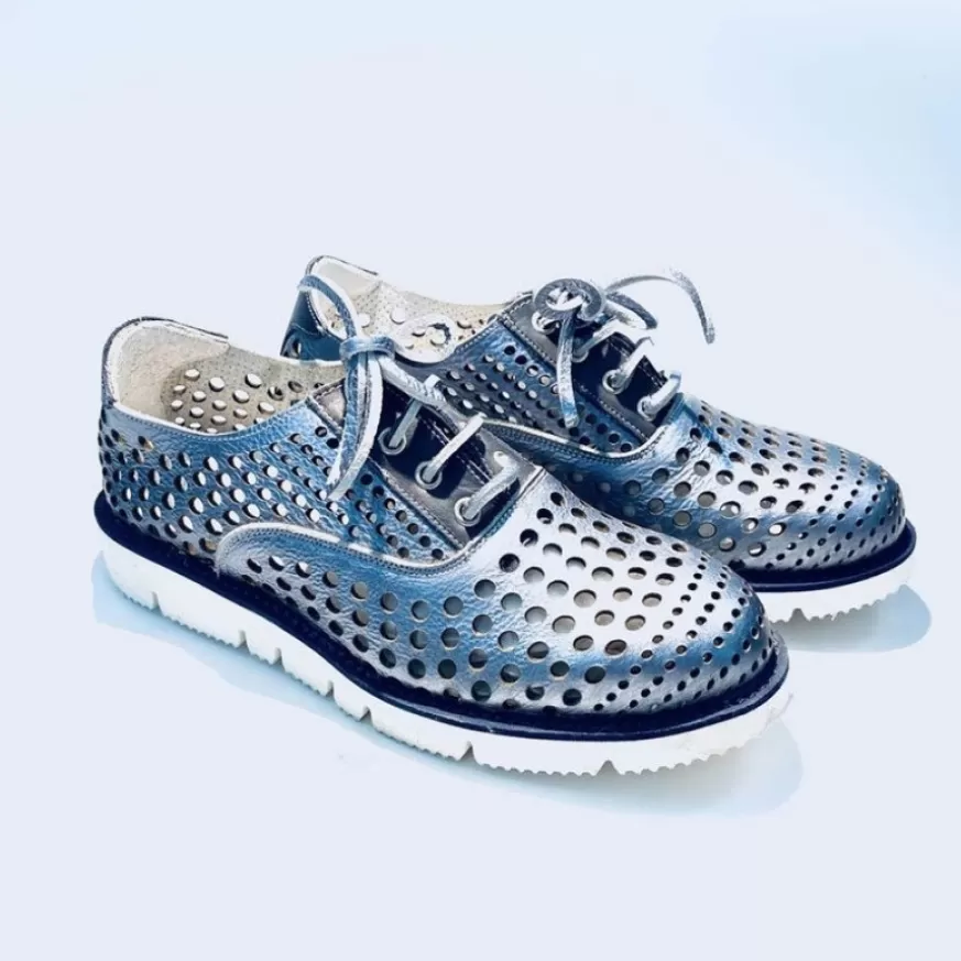 Donna CAMARRI CALZATURE Scarpe Donna | Sneakers Stringata In Pelle Perlata Blu