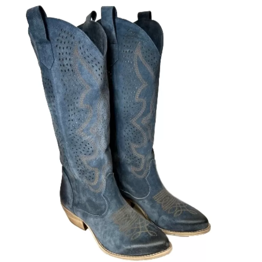 Donna CAMARRI CALZATURE Scarpe Donna | Texano Artigianale In Camoscio Laserato Blu Alto