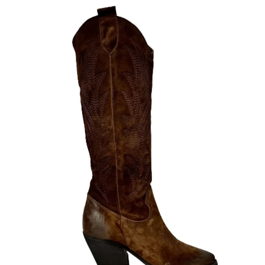 Donna CAMARRI CALZATURE Scarpe Donna | Texano Artigianale In Camoscio Ricamato Testa Di Moro Alto