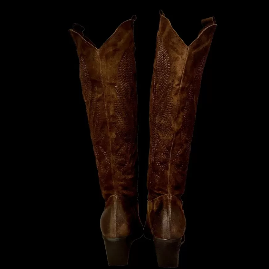 Donna CAMARRI CALZATURE Scarpe Donna | Texano Artigianale In Camoscio Ricamato Testa Di Moro Alto