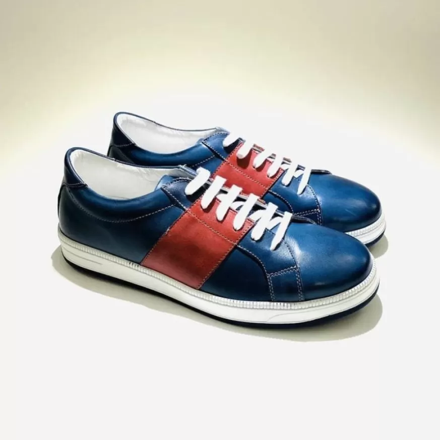 Uomo CAMARRI CALZATURE Scarpe Uomo | Sneakers Bassa In Pelle Blu/Rossa